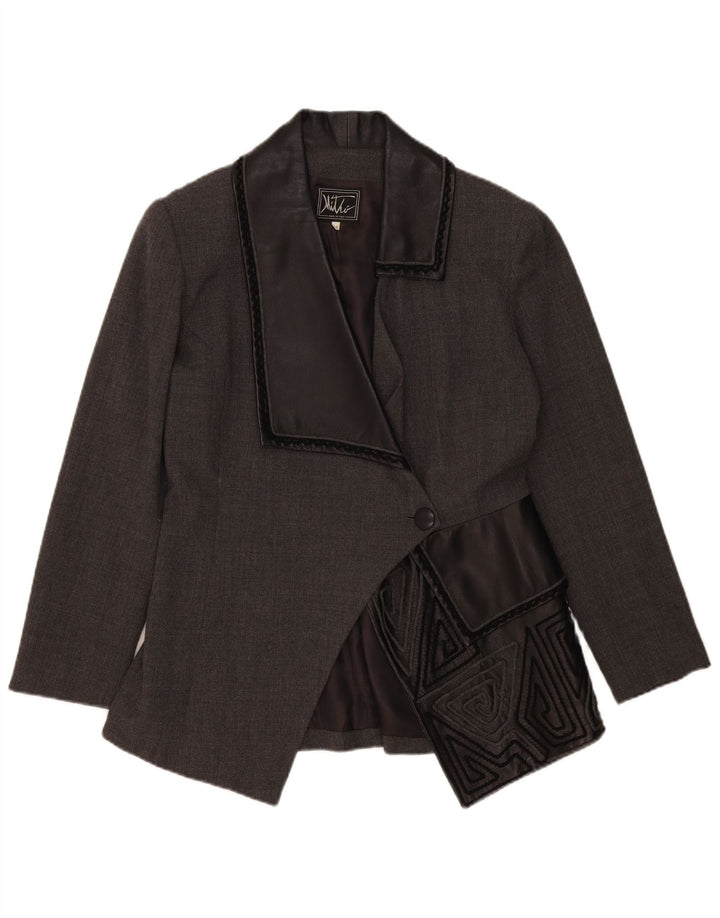 Vintage mujer 1 botón Blazer chaqueta IT 46 lana geométrica gris grande