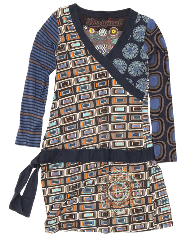 Desigual Vestido Gráfico De Cintura Caída Para Mujer UK 40 Grande Azul Marino Geométrico
