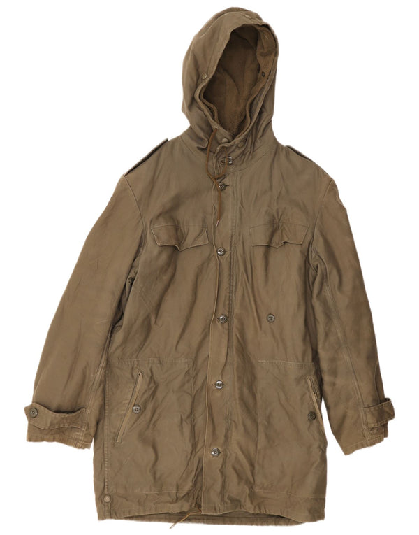 Vintage hombres militar con capucha Sherpa Parka chaqueta Reino Unido 36 pequeño algodón caqui
