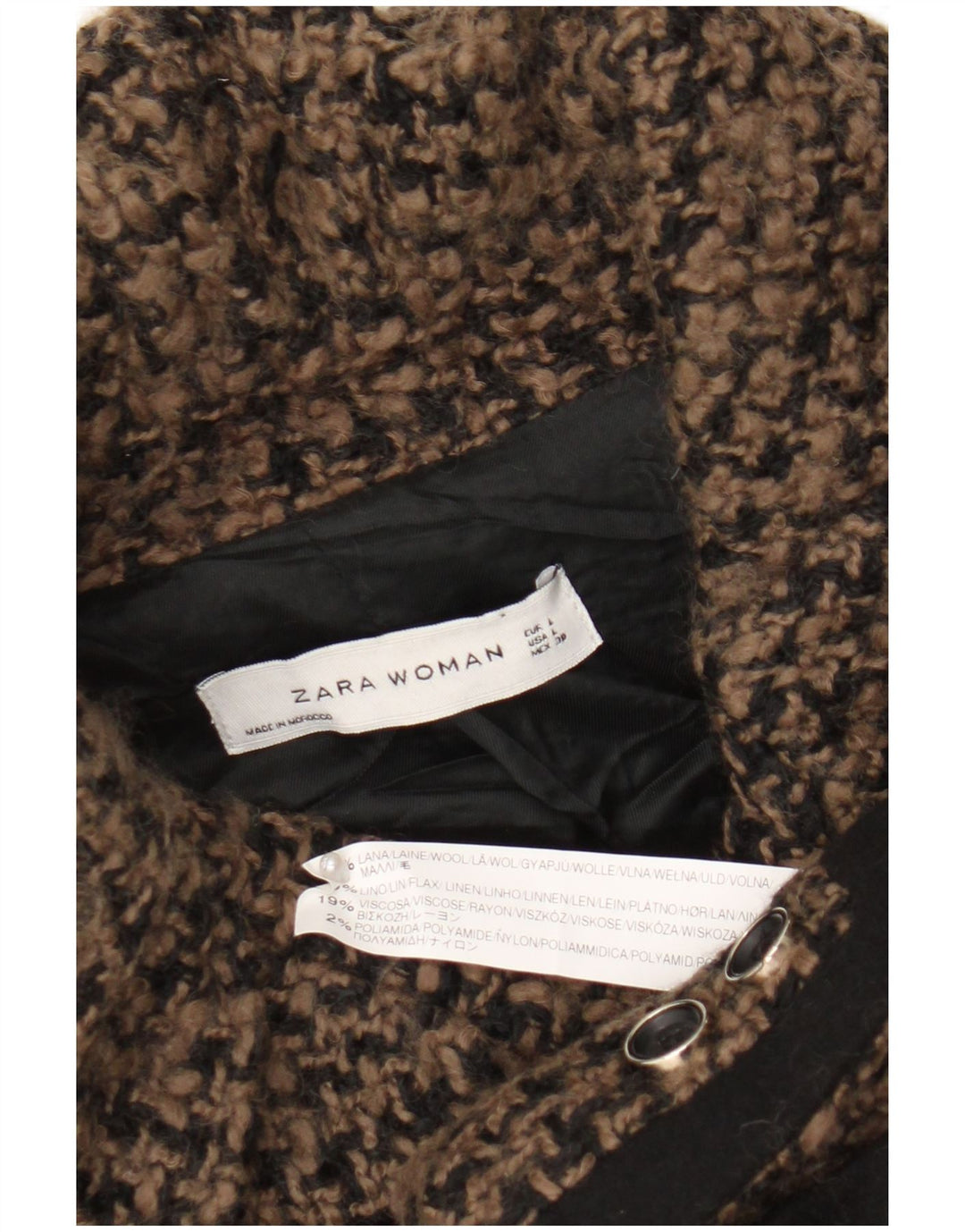 Zara Chaqueta Blazer De 4 Botones para Mujer UK 46 Grande Lana De Pata De Gallo Marrón