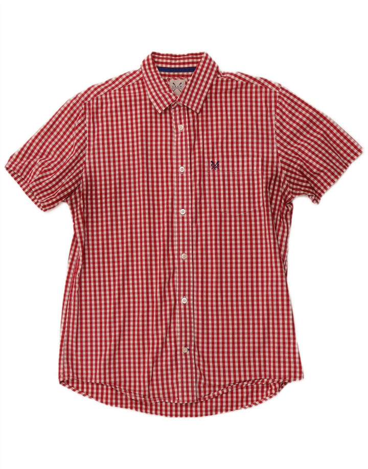 CREW CLOTHING Camisa de manga corta de ajuste clásico para hombre, cuadros rojos medianos