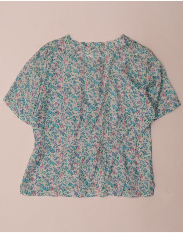 Vintage mujer camisa de manga corta blusa Reino Unido 16 seda floral blanca grande