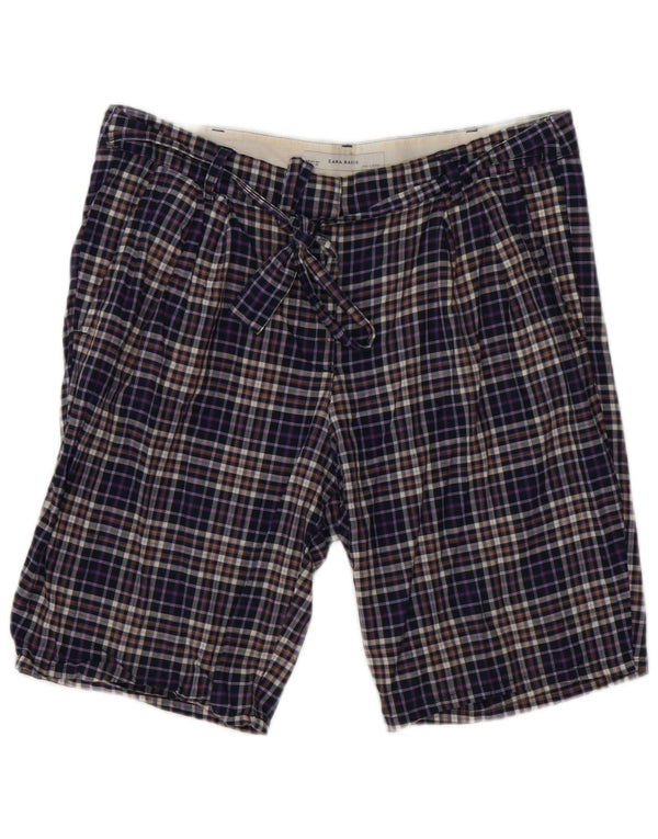 Zara Mens Chino Shorts Large W30 Azul Marino Cuadros Algodón