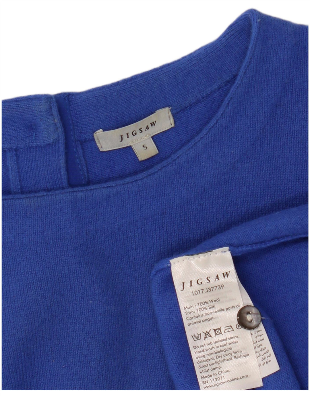 JIGSAW Suéter tipo cárdigan de manga 3/4 para mujer UK 10 Small Blue Wool