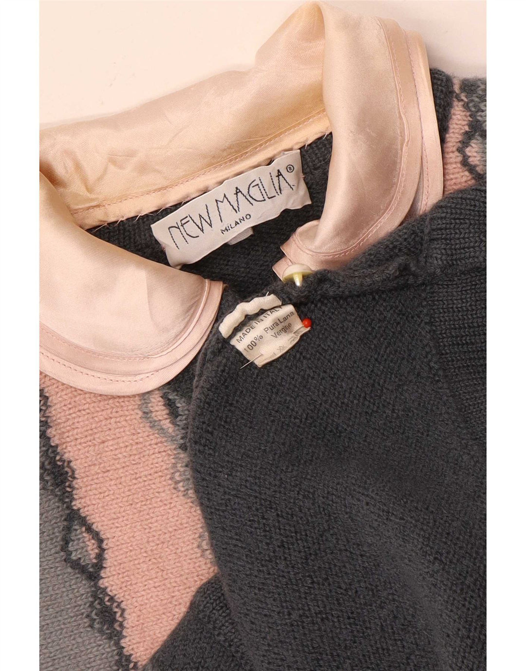 Vintage mujer Cardigan suéter Reino Unido 12 lana geométrica gris medio