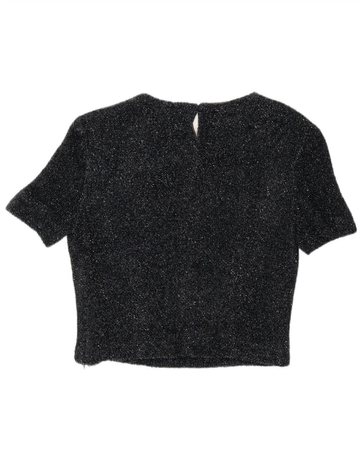 Vintage mujer crop blusa top EU 42 poliéster moteado negro grande