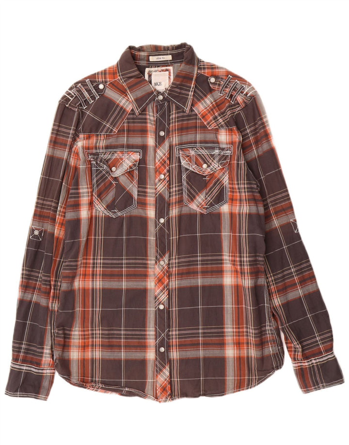 BKE Mens Military Slim Fit Shirt Medium Grey Check Cotton