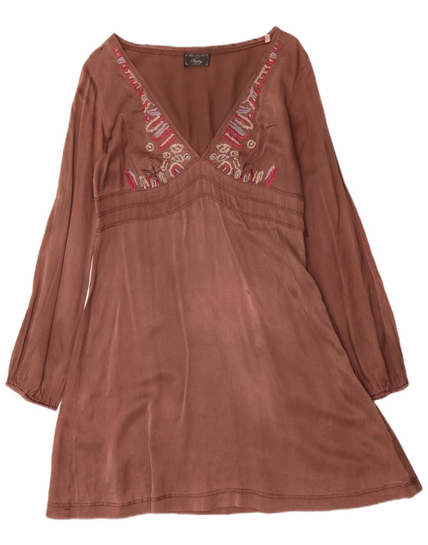 Replay Vestido acampanado de manga larga gráfico para mujer UK 42 Seda marrón medio