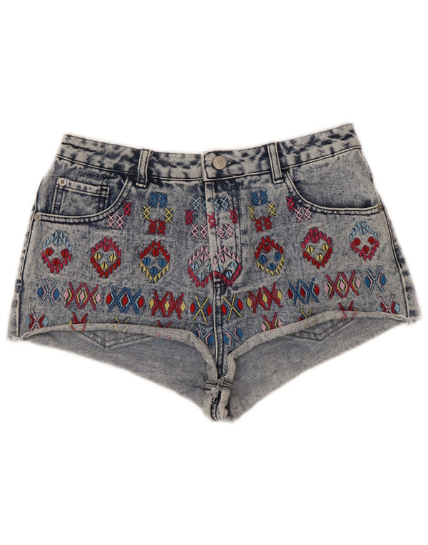 Topshop Pantalones cortos de mezclilla de cintura alta para mujer UK 12 Medium W30 Azul geométrico