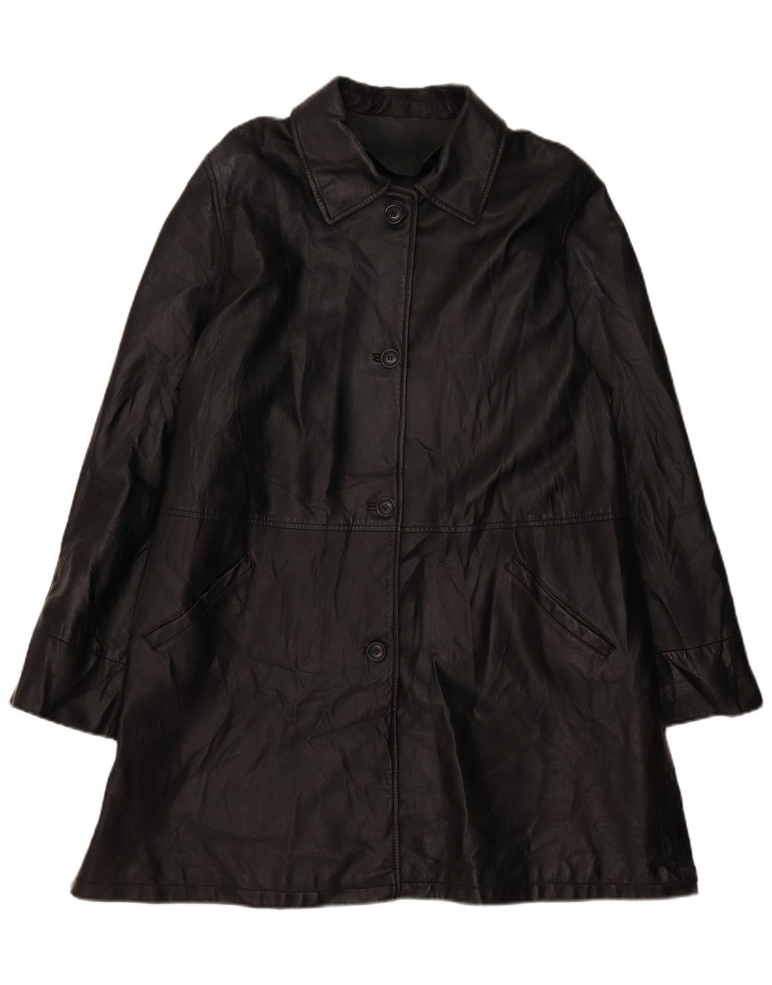 VINTAGE Abrigo de cuero de gran tamaño para mujer EU 46 XL Cuero negro