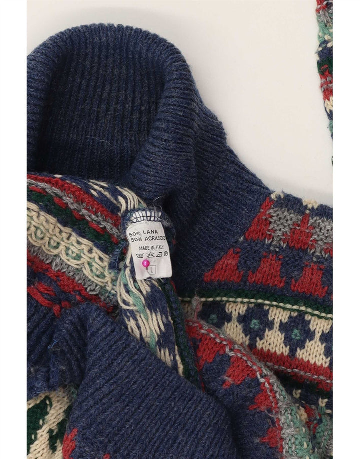 Vintage hombres rollo cuello jersey suéter grande multicolor Fair Isle lana