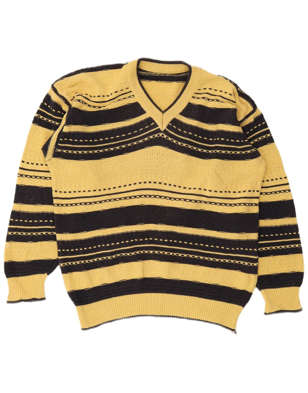 Vintage hombres V-cuello jumper suéter grande amarillo rayas