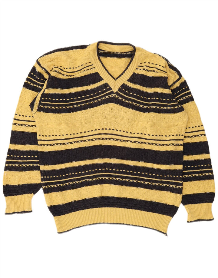 Vintage hombres V-cuello jumper suéter grande amarillo rayas