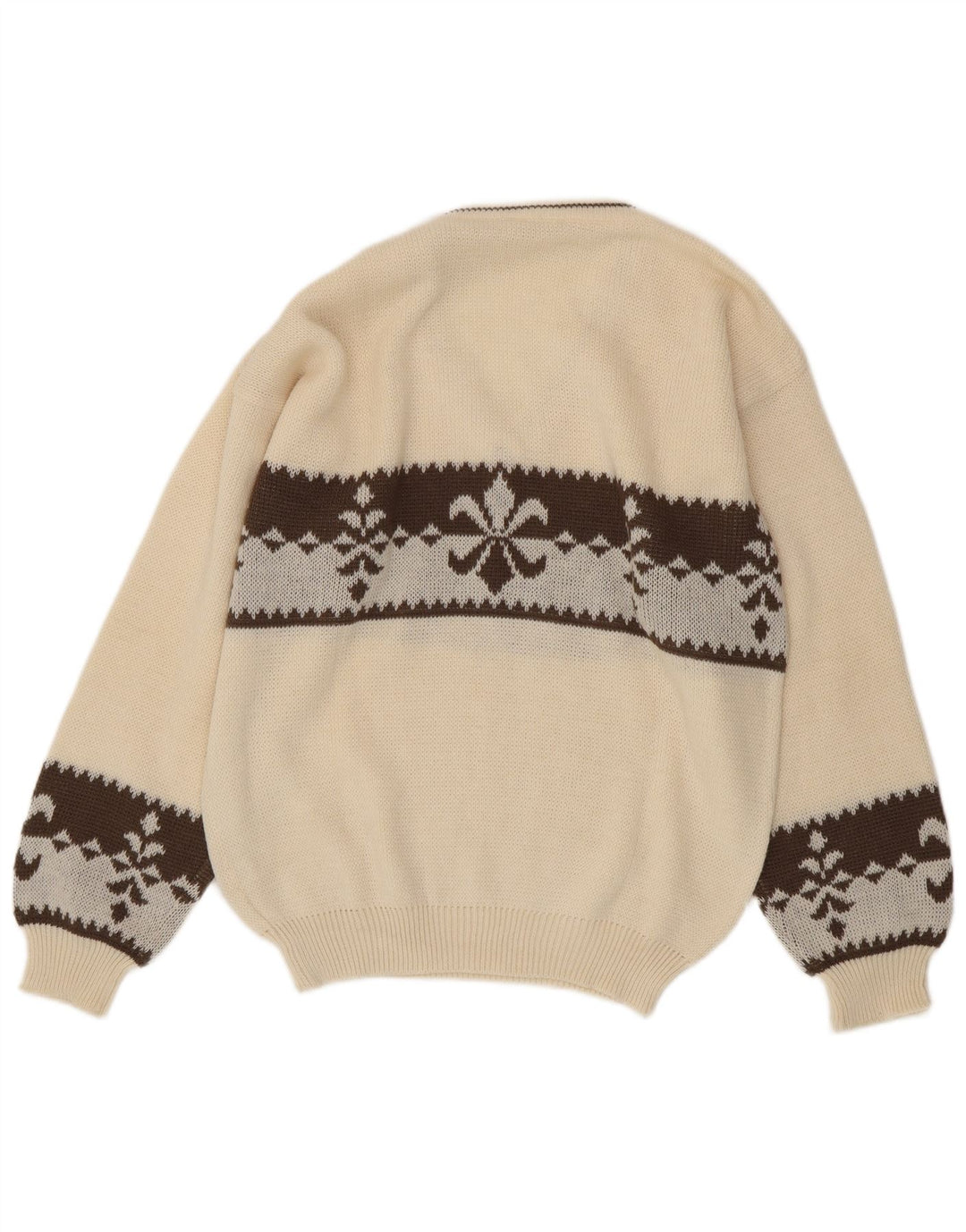 Vintage hombres V-cuello jumper suéter grande blanco Fair Isle lana