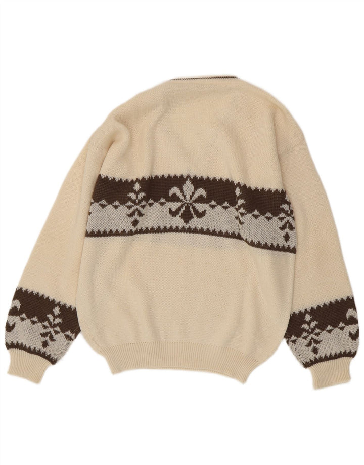 Vintage hombres V-cuello jumper suéter grande blanco Fair Isle lana