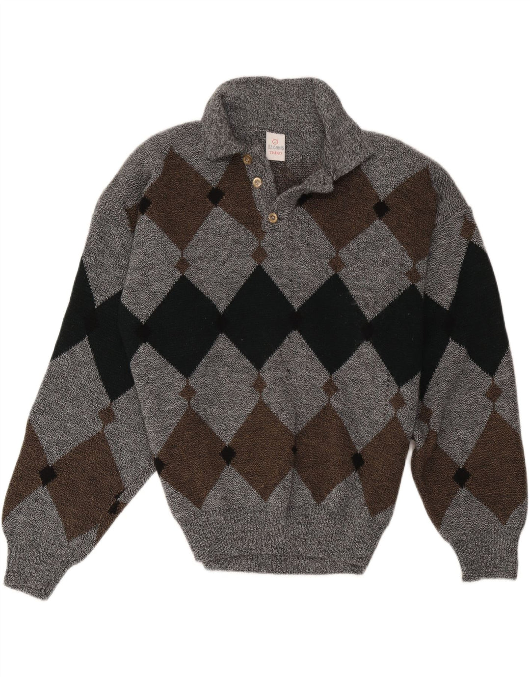 Vintage hombres polo cuello jersey suéter grande gris Argyle/Diamante