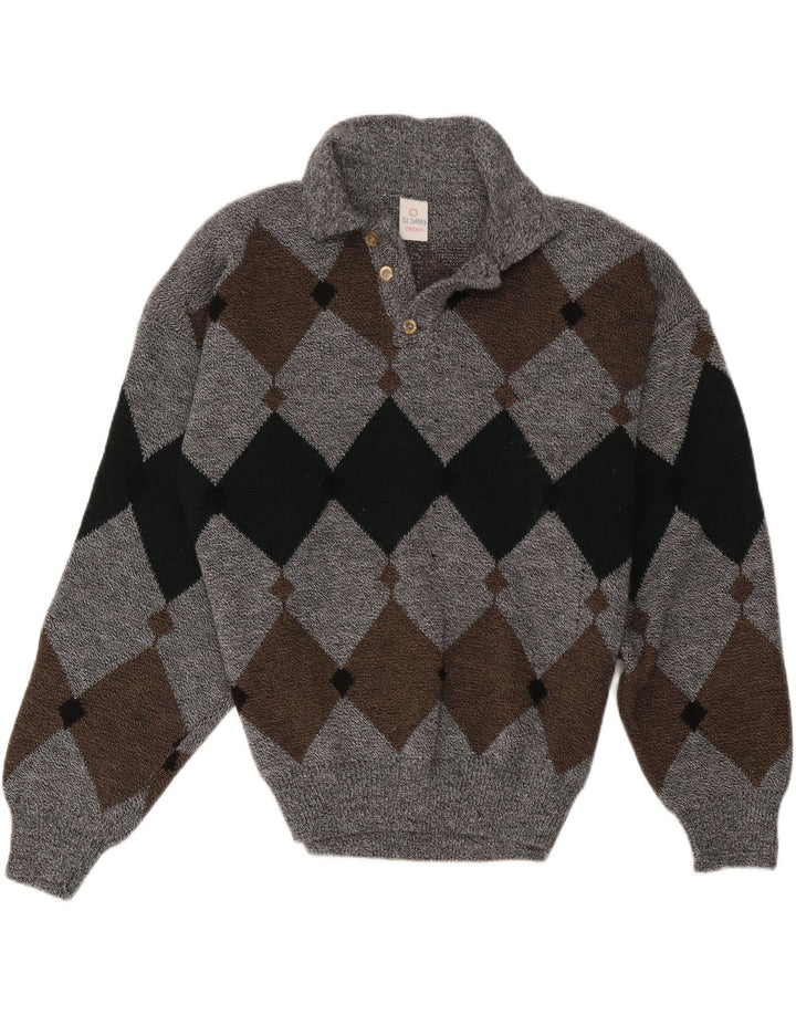 Vintage hombres polo cuello jersey suéter grande gris Argyle/Diamante