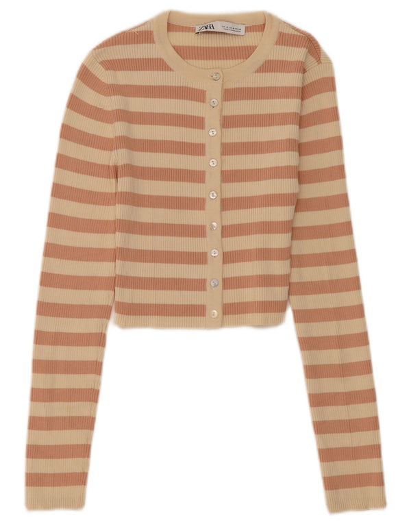 Zara Mujer Crop Cardigan Top UK 42 Medium Beige Rayas Nylon