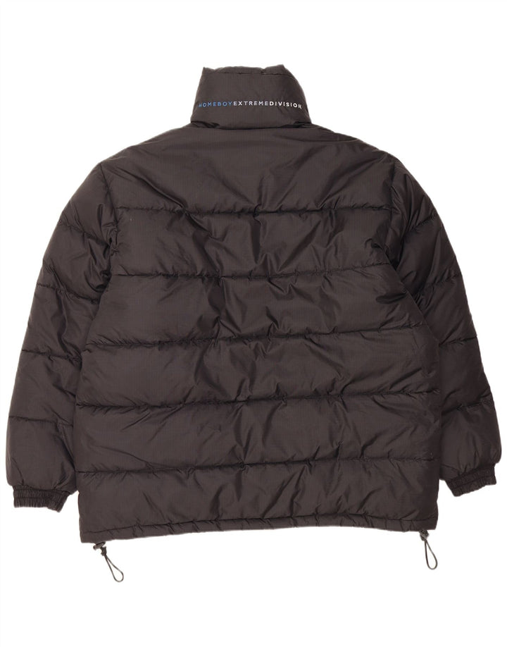 Vintage hombres gráfico suelto ajuste acolchado chaqueta Reino Unido 38 medio negro nylon