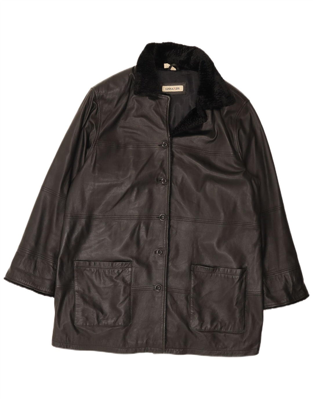 Vintage mujer cuero abrigo Reino Unido 24 4XL cuero negro