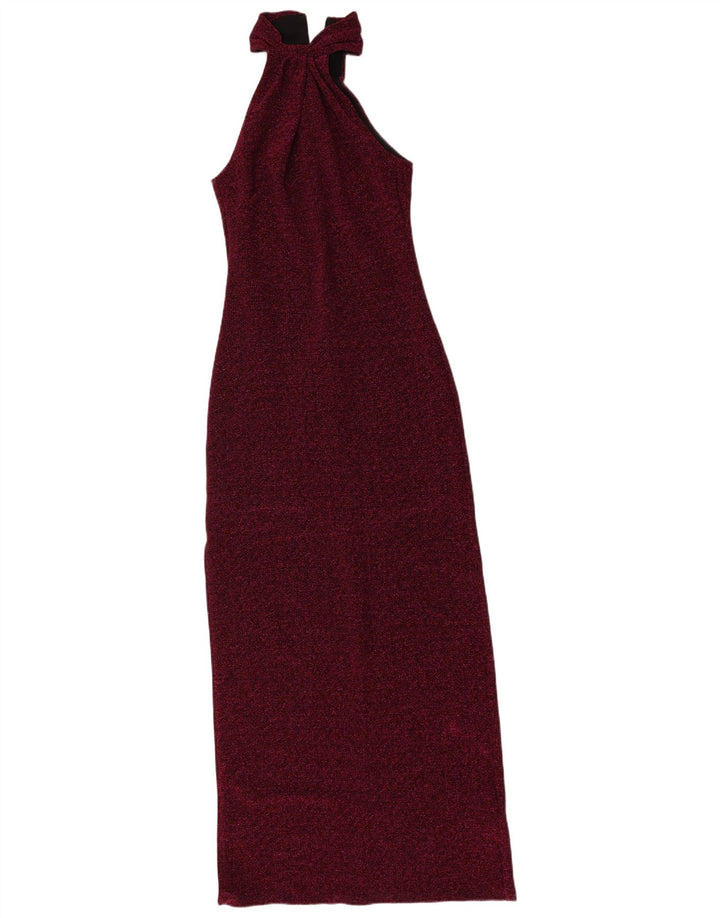 Vintage mujer Maxi Halter vestido Reino Unido 8 pequeño granate moteado poliéster