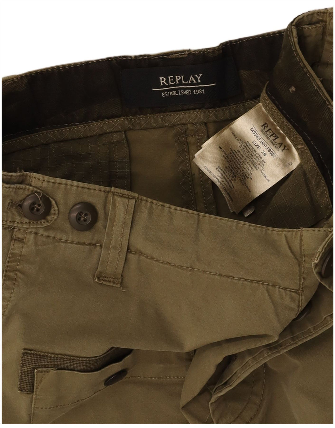 REPLAY Pantalones cortos cargo para hombre W29 Small Khaki Cotton