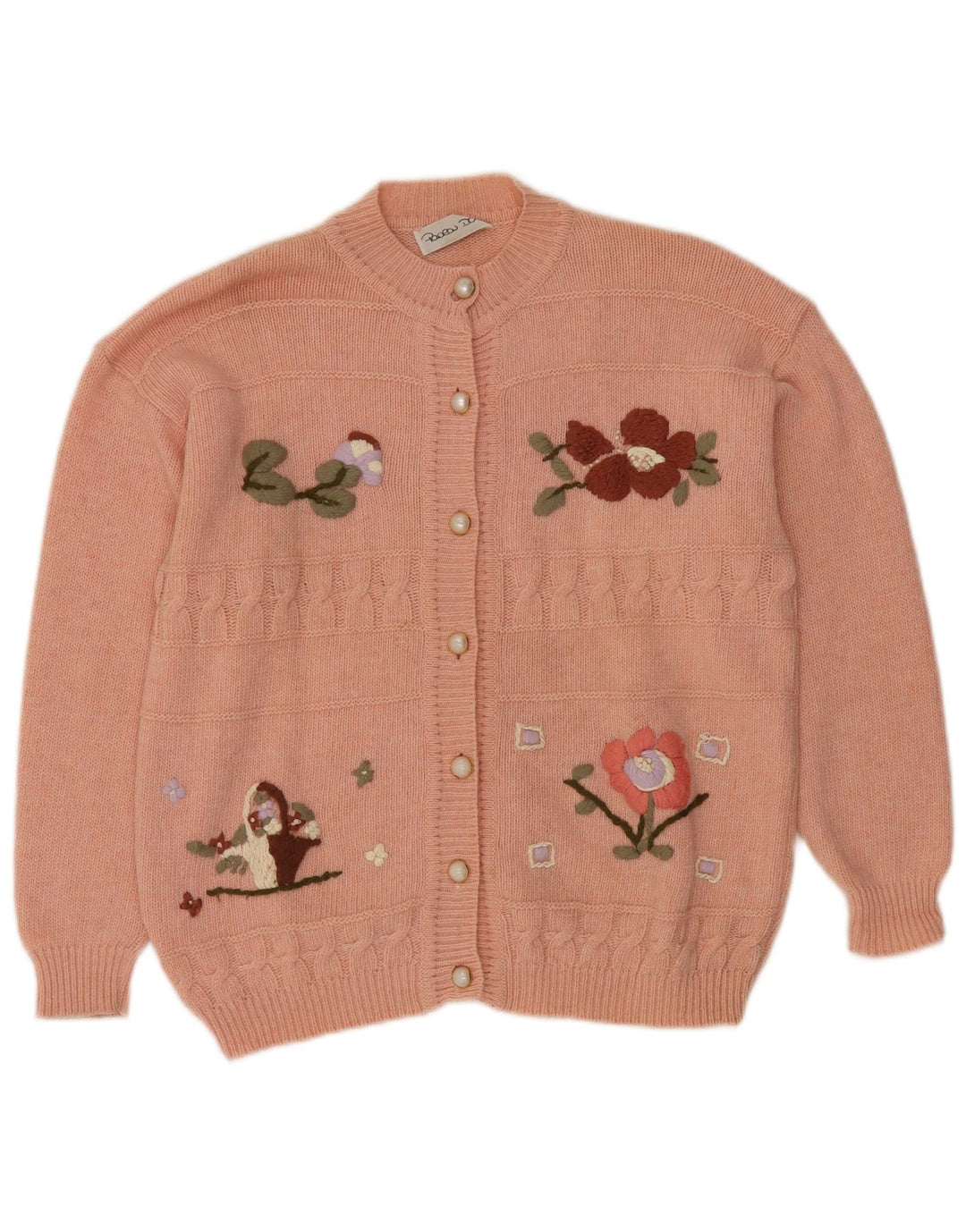 VINTAGE suéter cárdigan para mujer Reino Unido 16 lana floral rosa grande