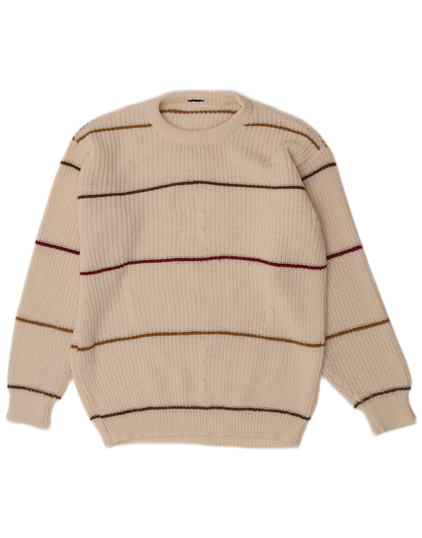 Vintage hombres cuello redondo jersey suéter medio apagado blanco rayas acrílico
