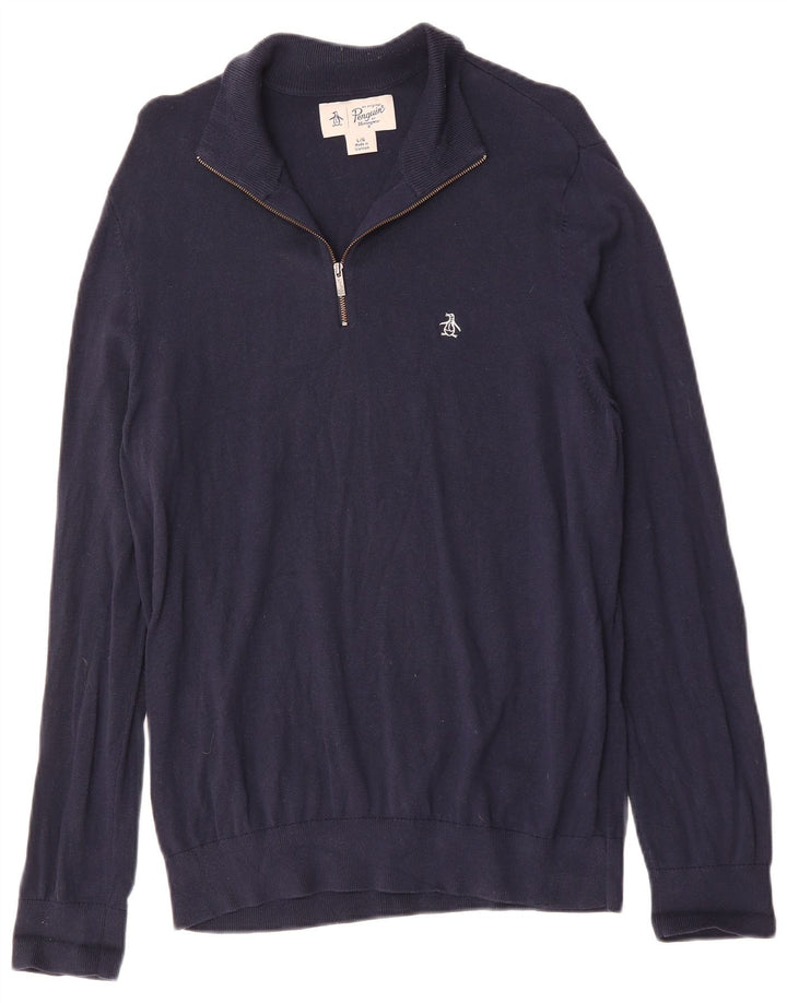 Penguin - Jersey con cuello y cremallera para hombre, talla grande, algodón azul marino
