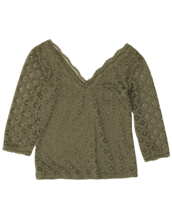 Benetton Blusa De Encaje Con Manga 3/4 Para Mujer UK 42 Medio Caqui Geométrico