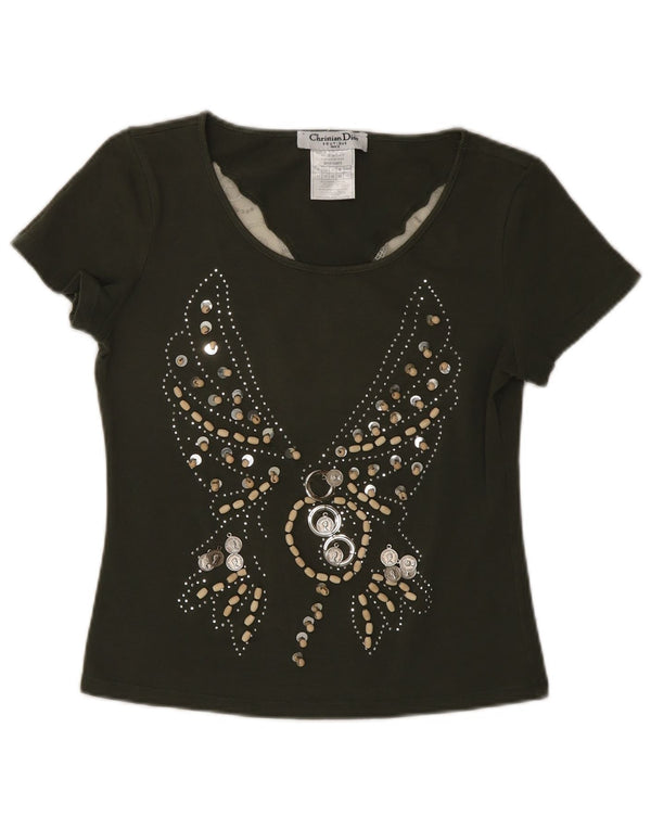 Christian Dior Camiseta gráfica para mujer Top UK 14 Medium Khaki Butterfly