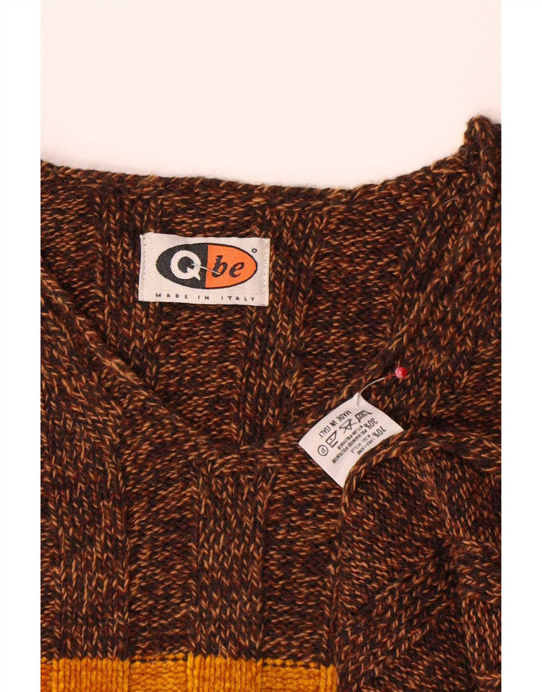 Vintage hombres V-cuello jumper suéter grande marrón colorblock lana