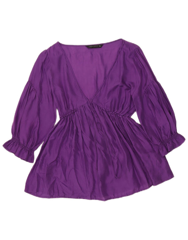 Zara Blusa transparente de manga 3/4 para mujer UK 40 Seda mediana púrpura