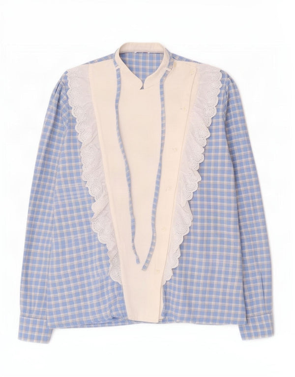Vintage mujer volante camisa delantera Reino Unido 16 cheque azul grande