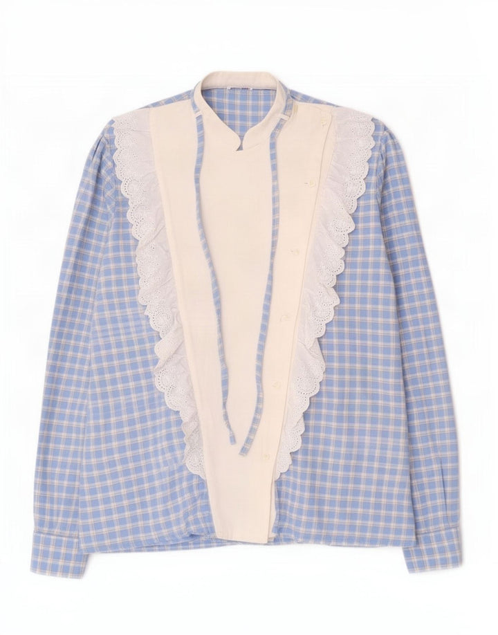 Vintage mujer volante camisa delantera Reino Unido 16 cheque azul grande