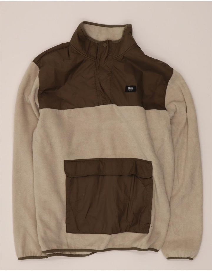 Vans Jersey de forro polar con cuello y botones para hombre, talla grande, color blanco, poliéster con bloques de color