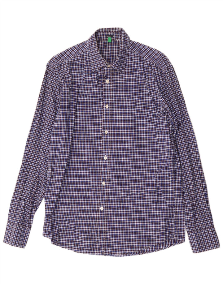 Benetton Hombre Camisa Regular Fit Cuadros Azul Medio