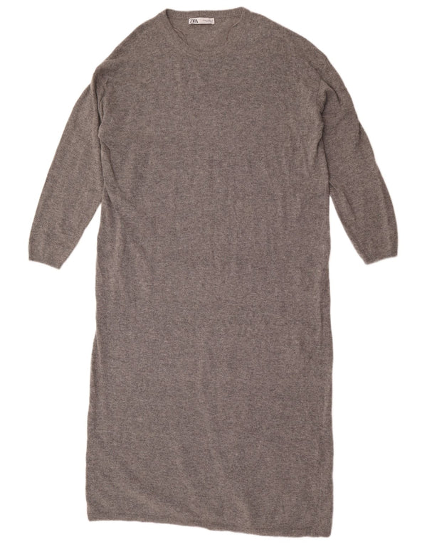 Zara Mujer Maxi Vestido Jersey De Manga Larga UK 44 Lana Gris Medio