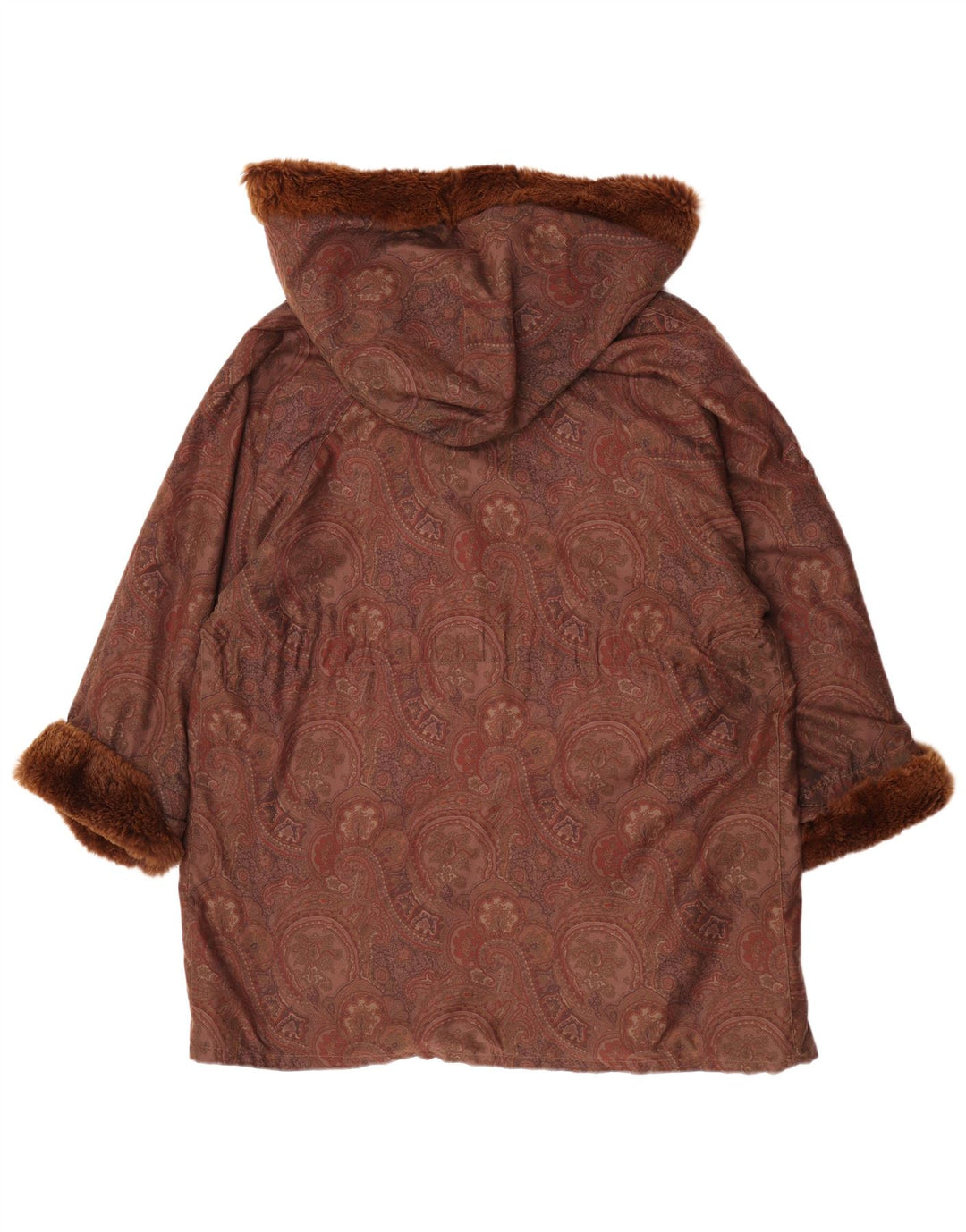 Vintage mujer con capucha overcoat abrigo EU 42 grande marrón Paisley lana