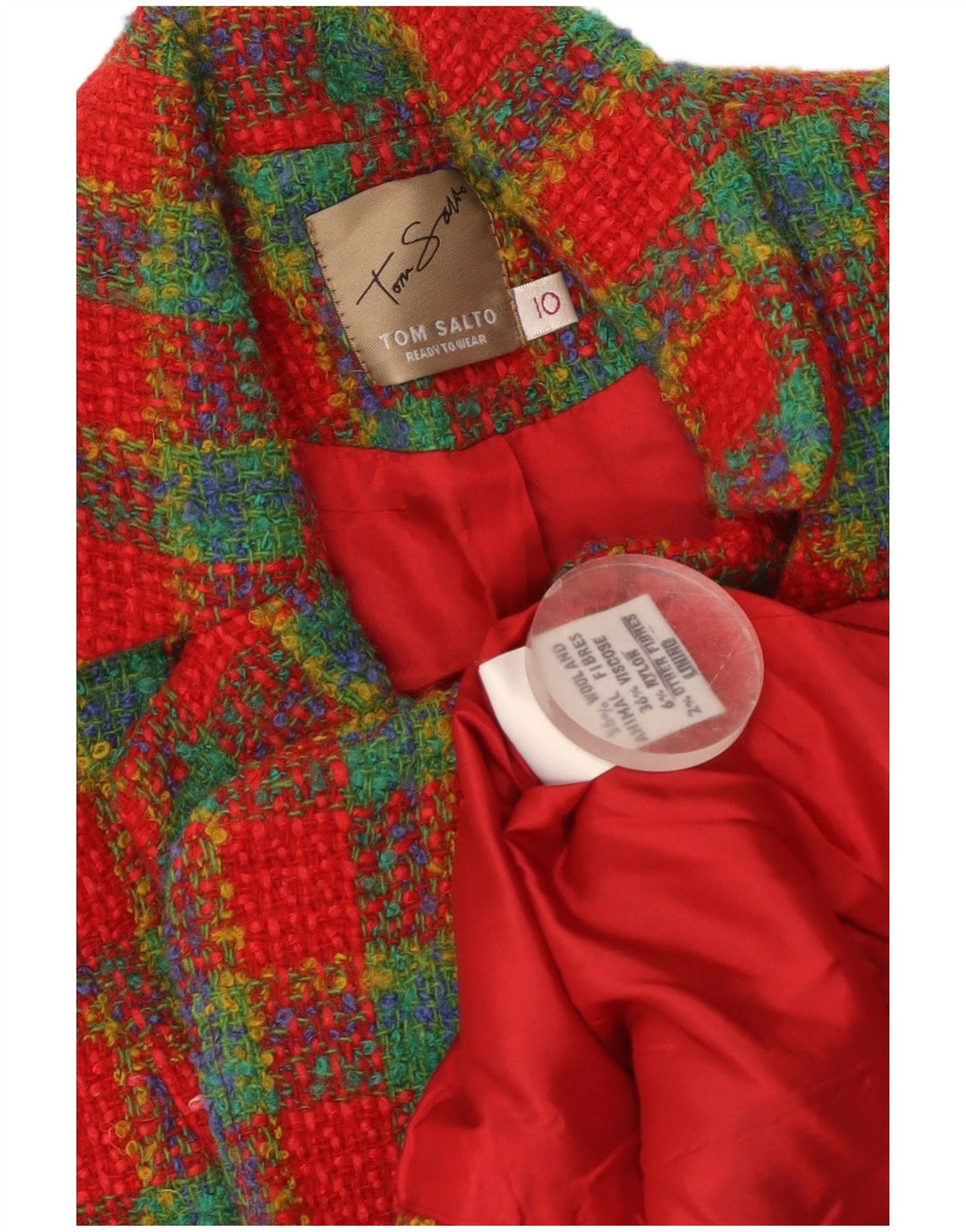 Vintage mujer 3 botones Blazer chaqueta Reino Unido 10 pequeña lana de cuadros rojos