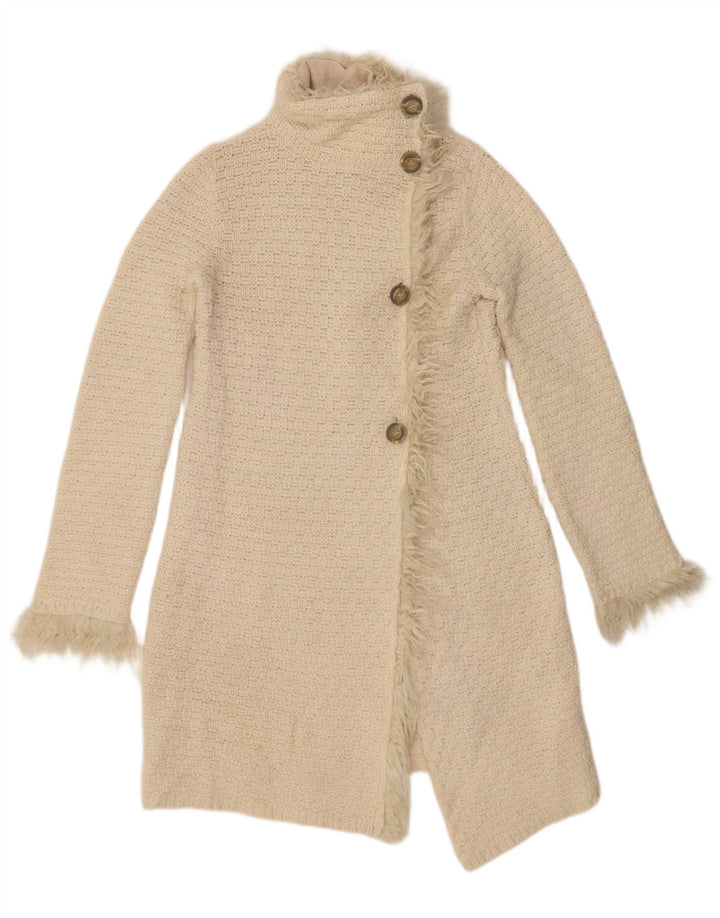 Zara Mujer Longline Cardigan Suéter UK 12 Medium Off White Lana