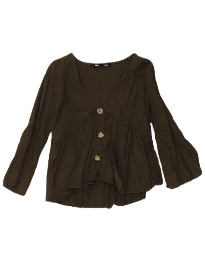 Zara Mujer Blusa Camisa UK 10 Small Lino Verde