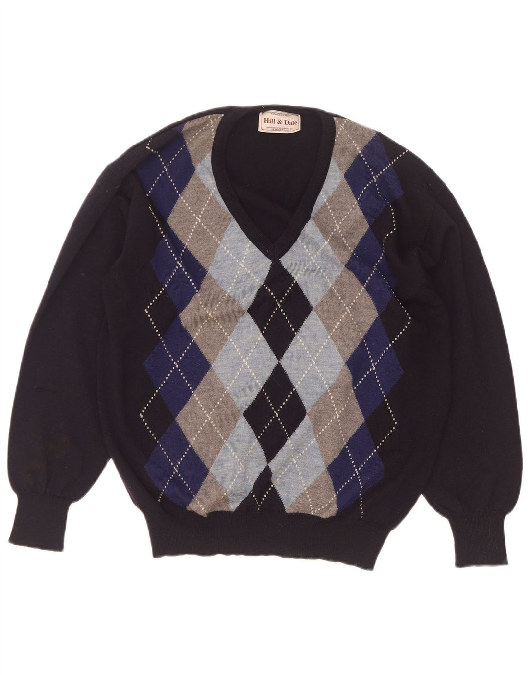 Vintage hombres V-cuello jumper suéter IT 48 medio azul marino Argyle/Diamond