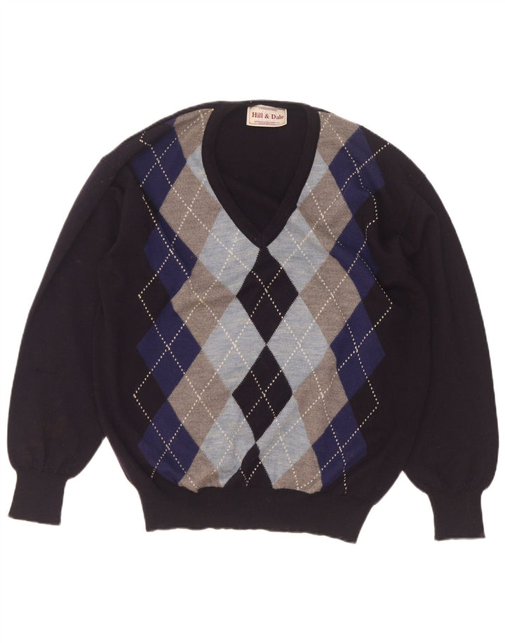 Vintage hombres V-cuello jumper suéter IT 48 medio azul marino Argyle/Diamond