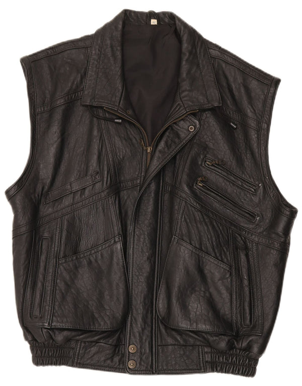 Vintage hombres cuero Gilet EU 52 XL cuero negro