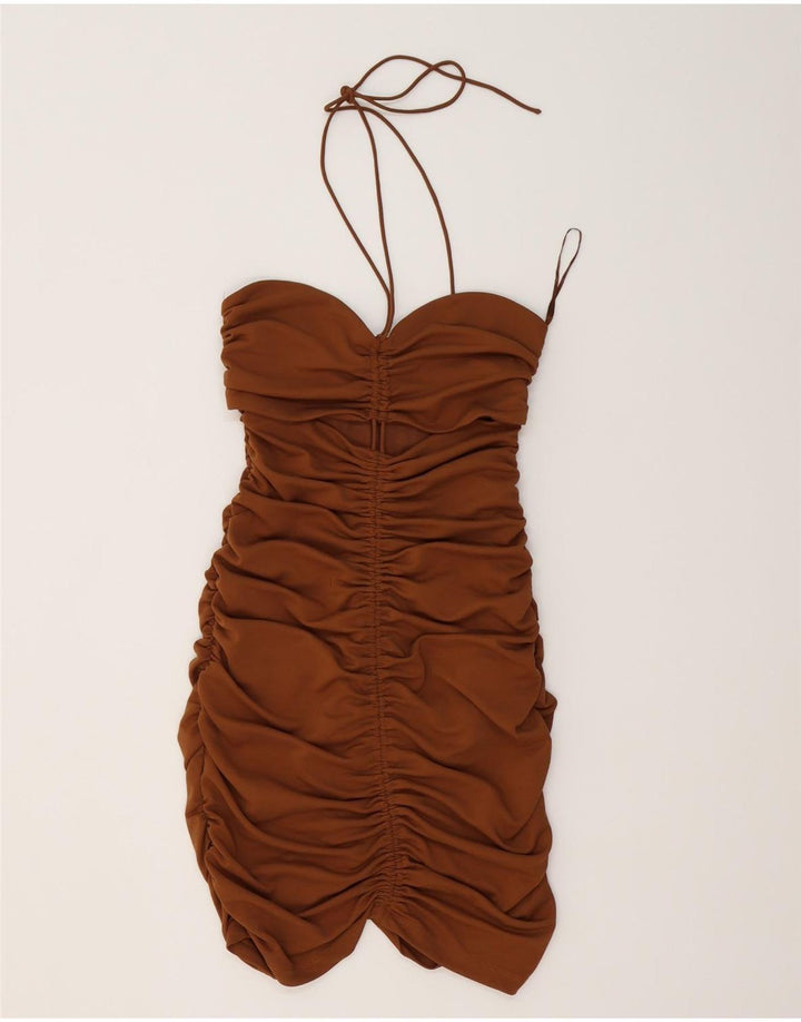 Zara Vestido Ajustado Halter para Mujer UK 42 Poliéster Marrón Medio
