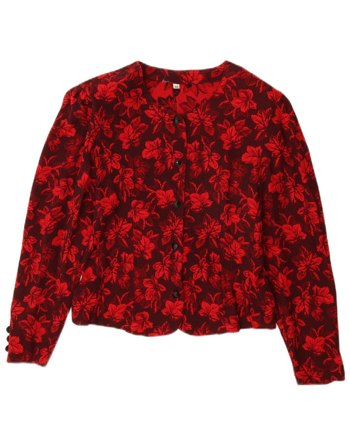 Vintage mujer Cardigan Top IT 44 Medio Rojo Floral Viscosa