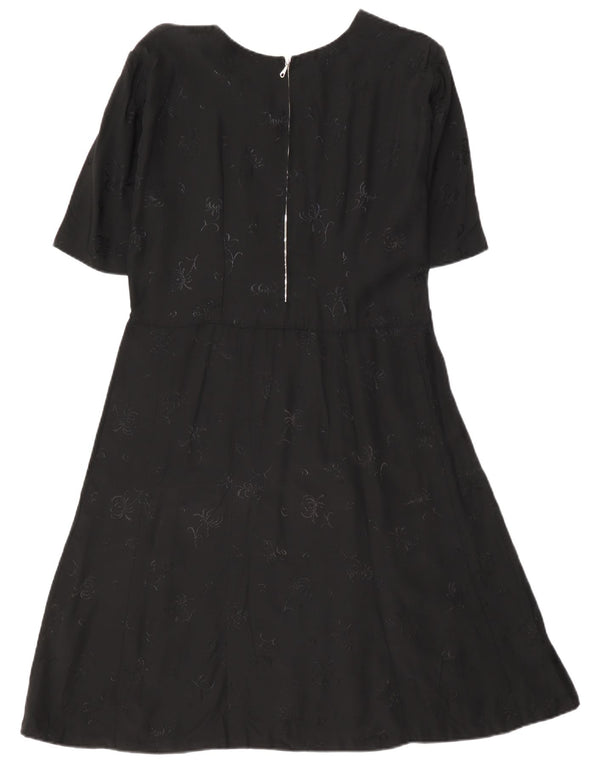 Vintage Womens Short Sleeves A-Line Dress UK 12 Medium Black Floral