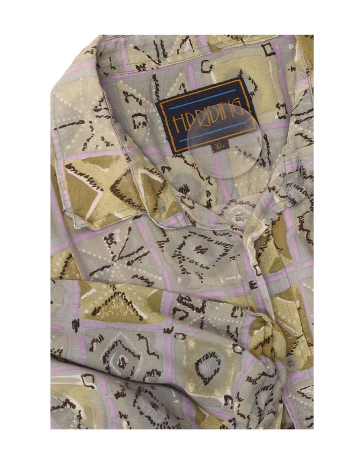 VINTAGE Camisa Manga Corta Hombre XL Viscosa Geométrica Multicolor