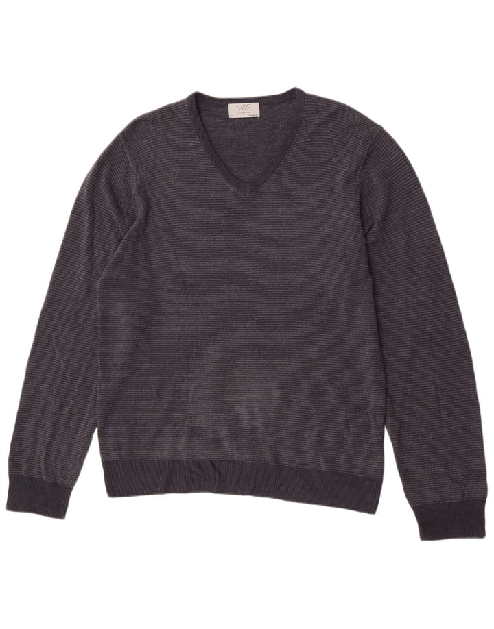 Marks & Spencer Jersey con Cuello en V para Hombre con Rayas Azul Marino Medianas